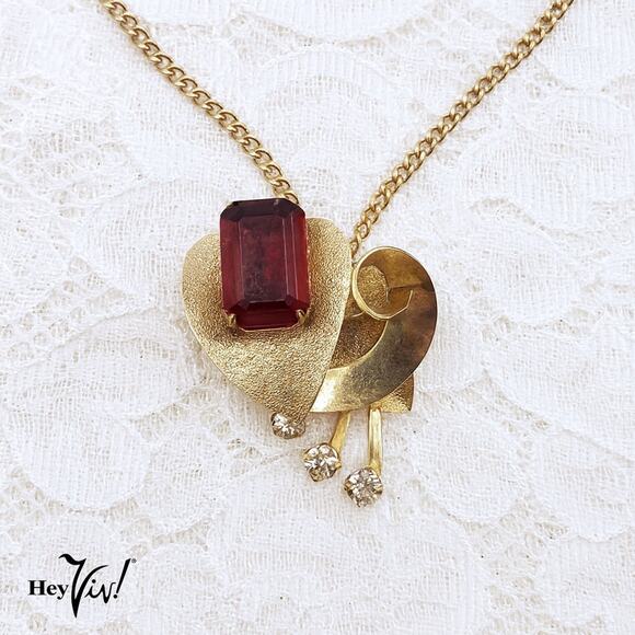 Vintage Deco Style Necklace & Earrings Set Red Rhinestones Screw Back - Hey Viv - Picture 2 of 8